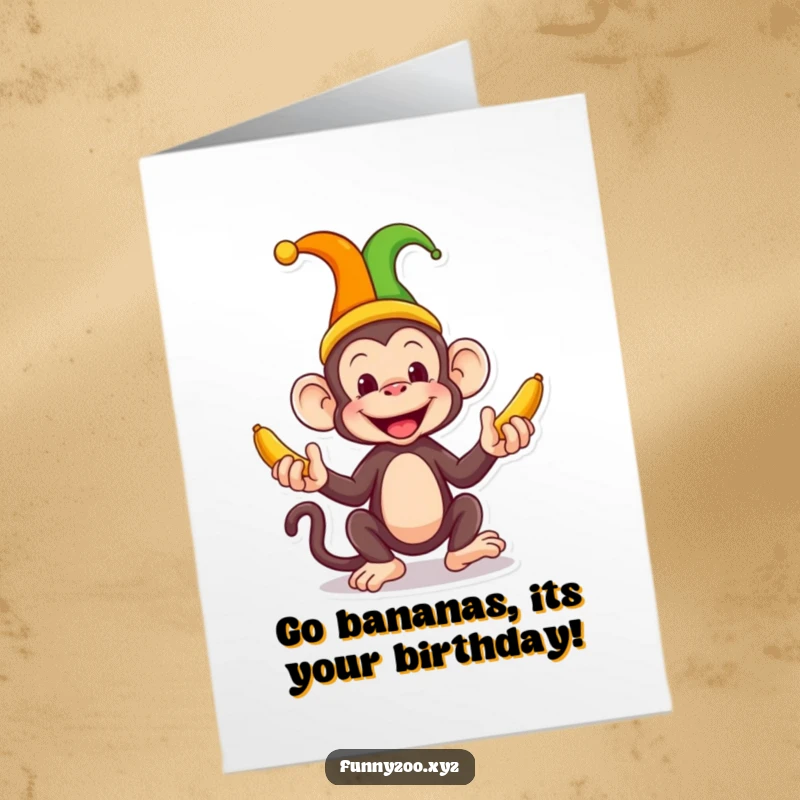 Funny Free Printable birthday card: A silly monkey in a jester hat joyfully juggling colorful bananas.