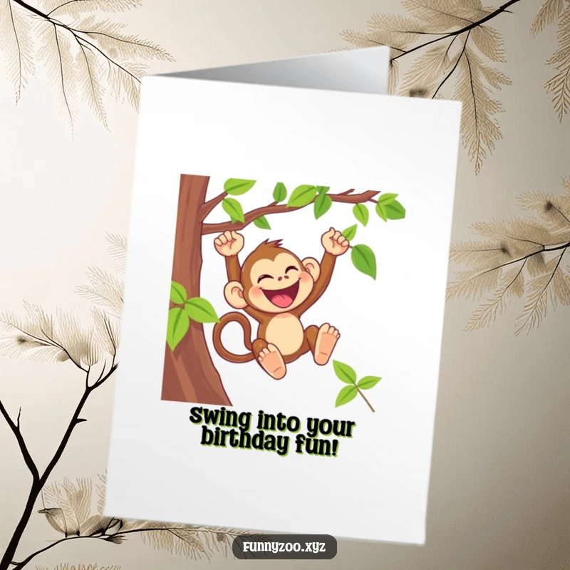 Funny Free Printable Birthday Card: A laughing monkey happily swinging from a vine with pure glee.