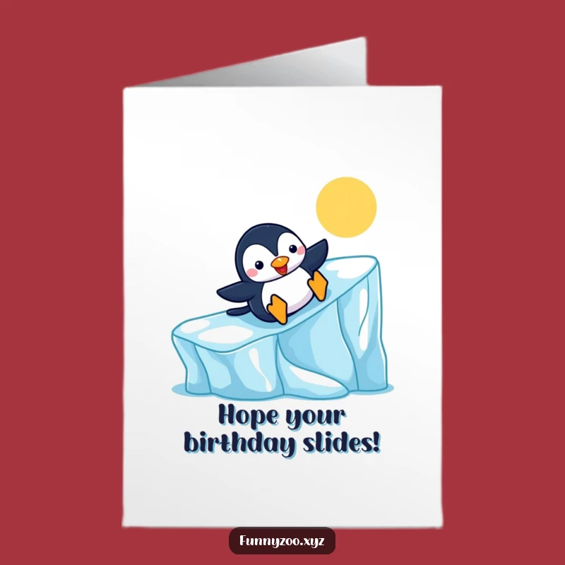 Free Printable Birthday Card: Penguin's Ice Slide Fun - Cheerful Downloadable Gift!