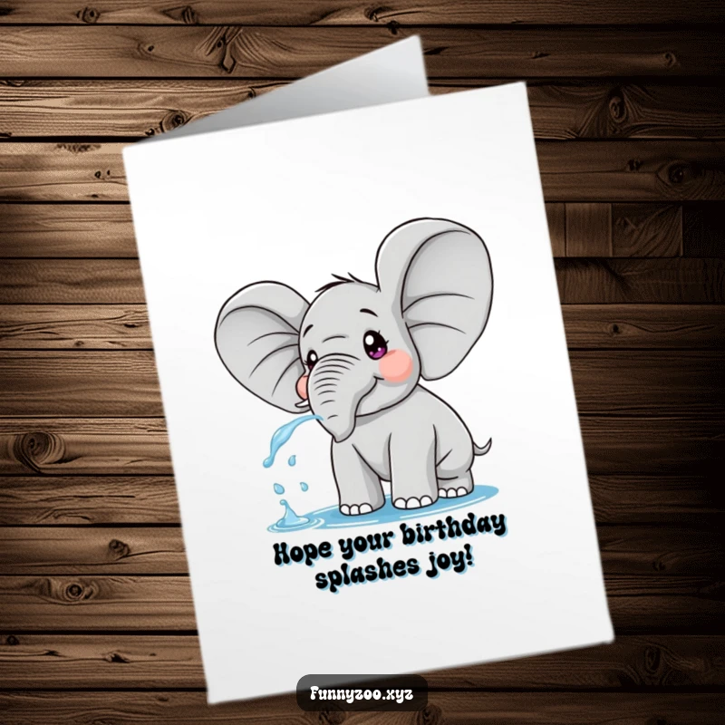 Funny Free Printable Birthday Card: Surprised elephant with huge ears playfully spraying a jet of water, celebrating festively.