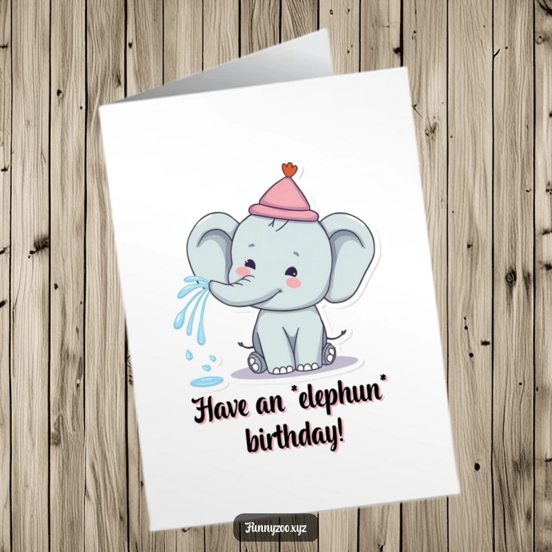 Funny Free Printable Birthday Card: Happy elephant wearing a tiny hat sprays water from its trunk, creating a rainbow.