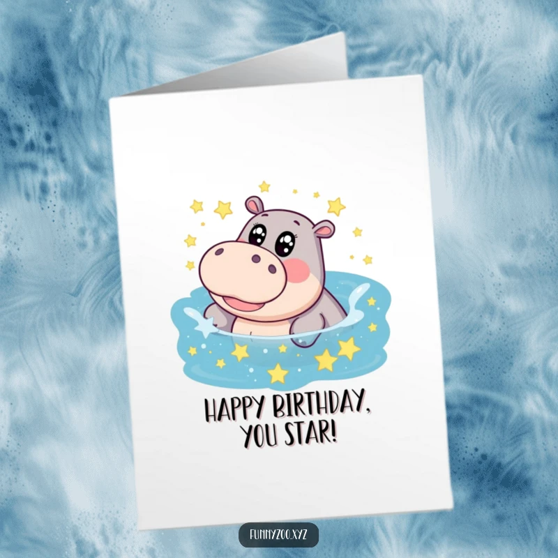 Funny Free Printable Birthday Card: A giggling hippo with big eyes joyfully splashes in a pool of twinkling stars.