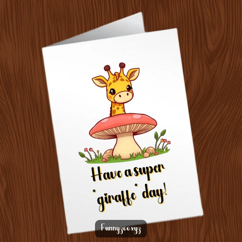 Funny Free Printable Birthday Card: Cheerful giraffe with a long neck playfully peeking over a giant mushroom.