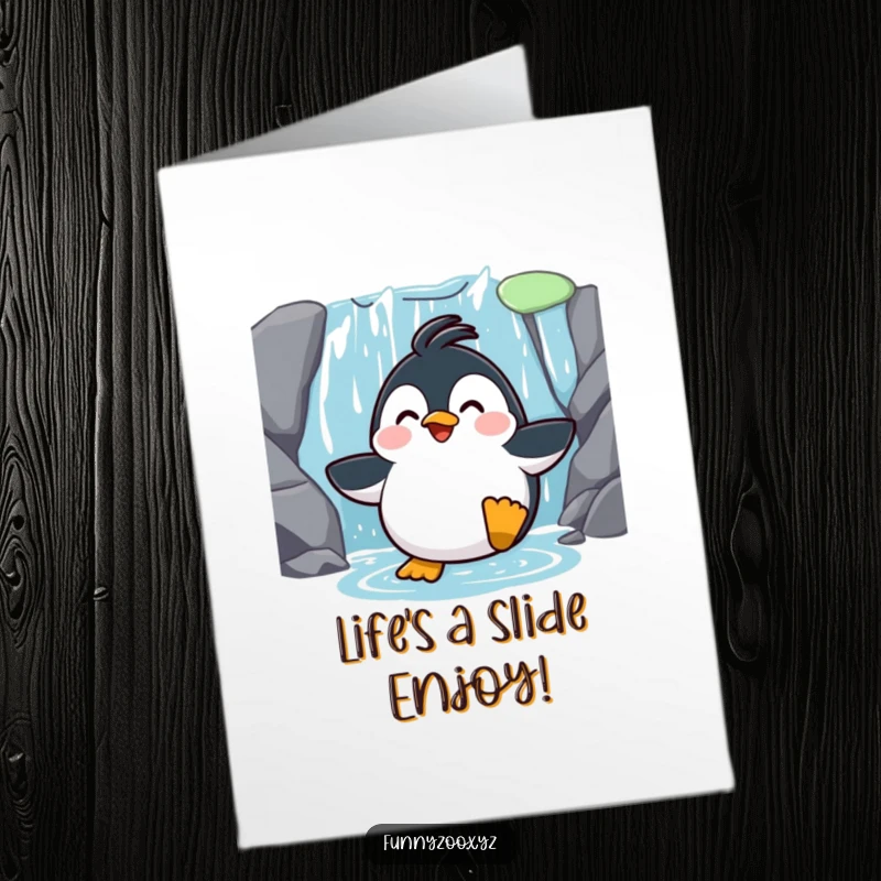 Funny Free Printable Birthday Card: A surprised penguin gleefully sliding down a waterfall, feathers slicked back.