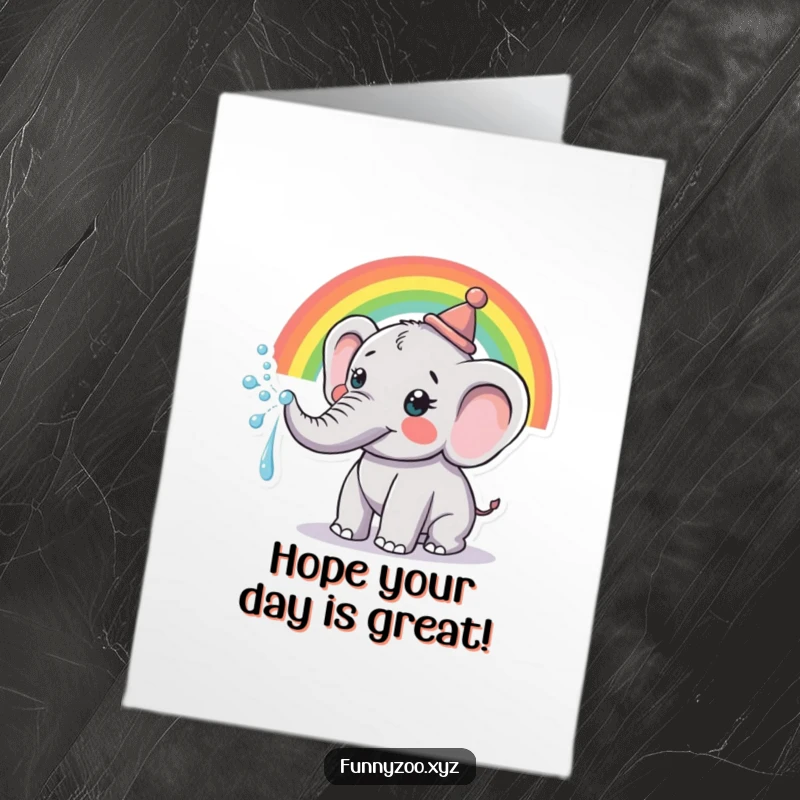 Cheerful Free Printable Birthday Card: A happy elephant wearing a tiny hat sprays a colorful rainbow from its happy trunk.