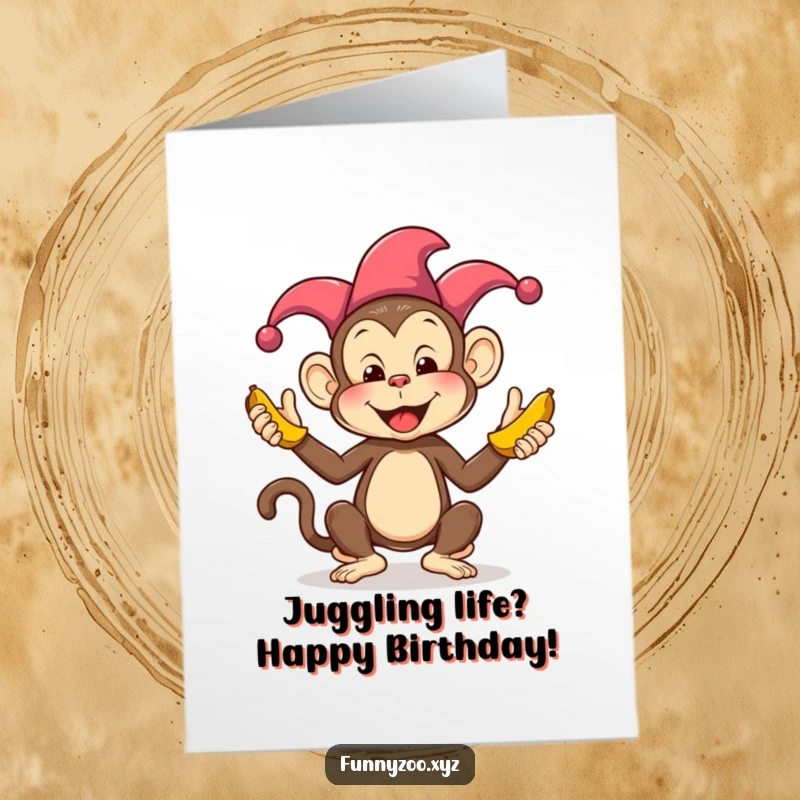Funny Free Printable Birthday Card: Jester Monkey joyfully juggling colorful bananas, spreading birthday cheer.