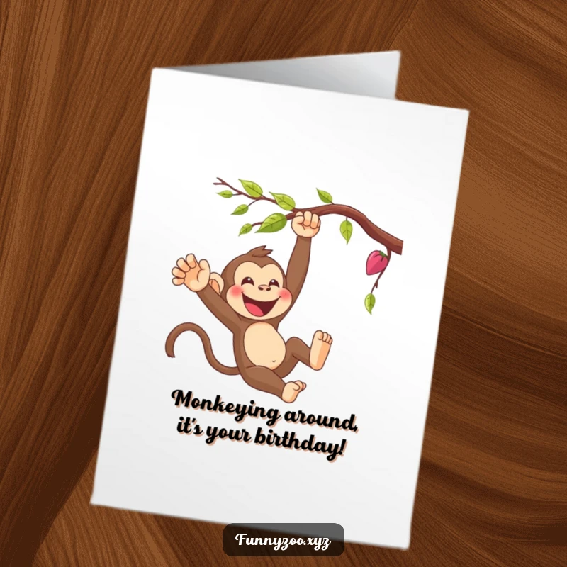 Funny Free Printable Birthday Card: Giggling cartoon monkey swinging wildly on a vine, full of playful energy and laughter.