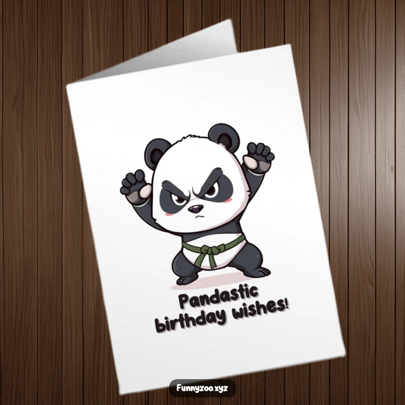 Funny Free Printable Birthday Card: A determined panda with a squint practices martial arts poses, ready to deliver birthday wishes.