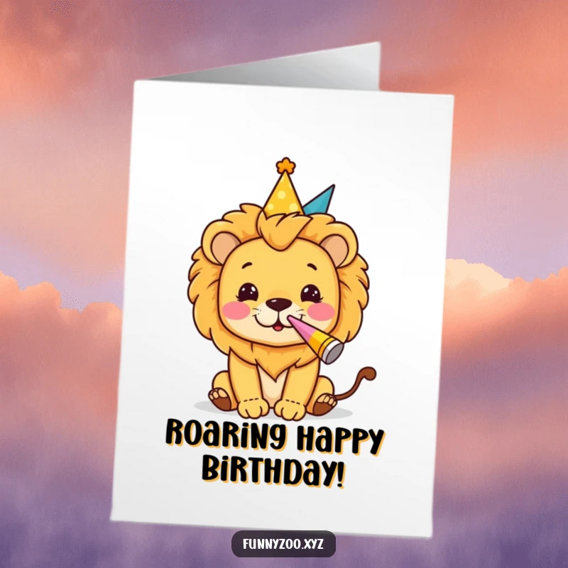Funny Free Printable Birthday Card featuring a lion in a party hat blowing a party horn with festive gusto.