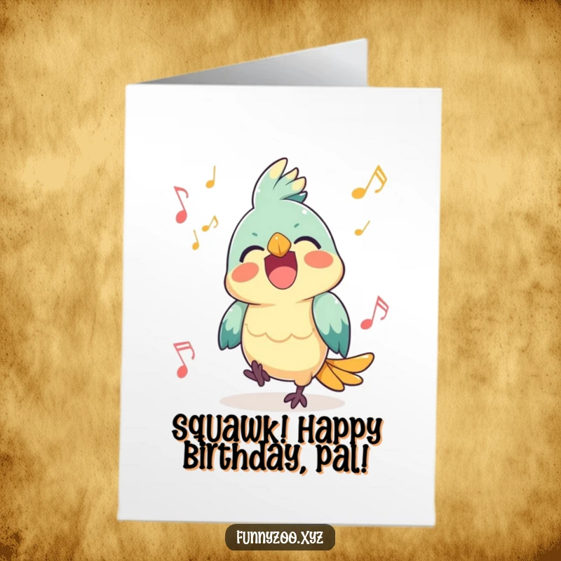 Funny Free Printable Birthday Card: Happy Parrot Squawking with Joy, Surrounded by Musical Notes