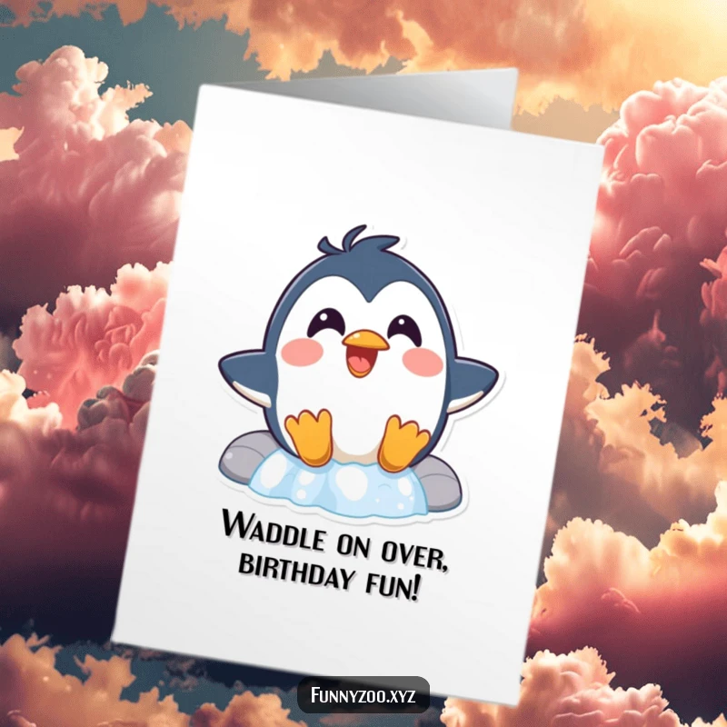 Funny Free Printable birthday card: A surprised penguin with slick feathers laughing as it slides down a waterfall.