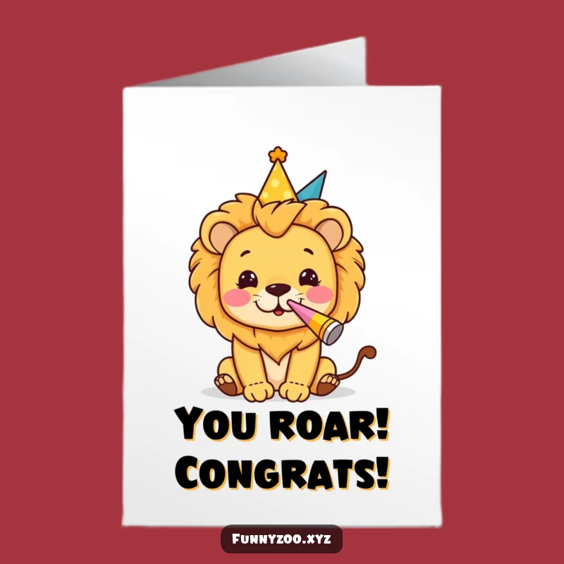 Free Printable Congrats Card: Party Lion Blows Horn, Downloadable Celebration Gift