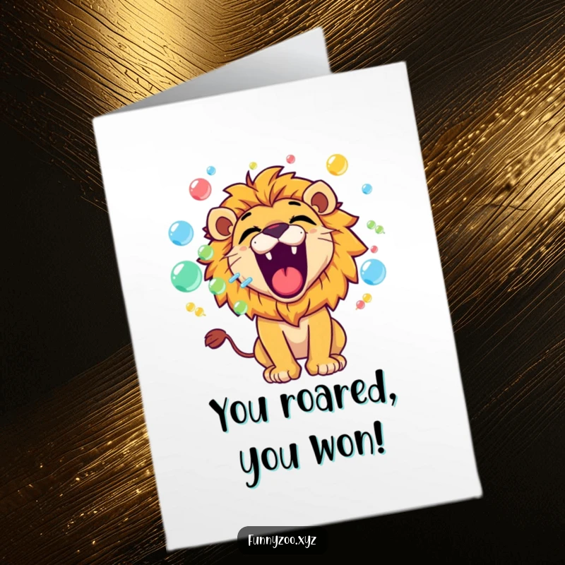 Free Printable Congratulations Card: A lion playfully roars, releasing a stream of colorful bubbles for congratulations.