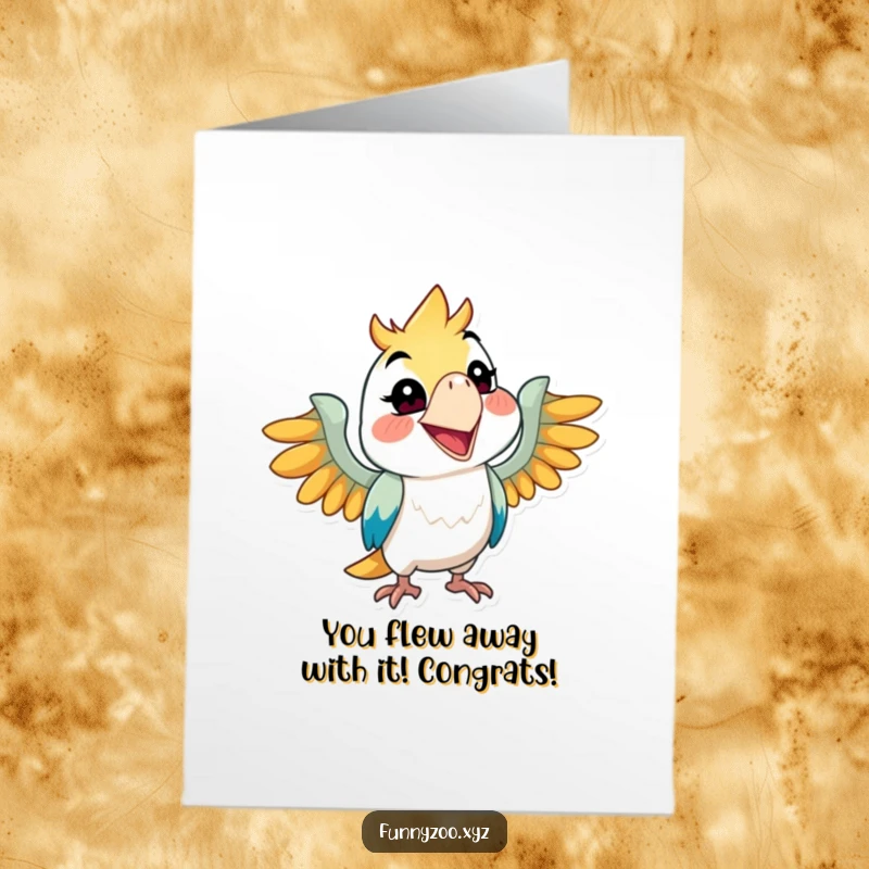 Funny Free Printable congratulations card featuring a mischievous parrot with a huge grin, announcing great news.