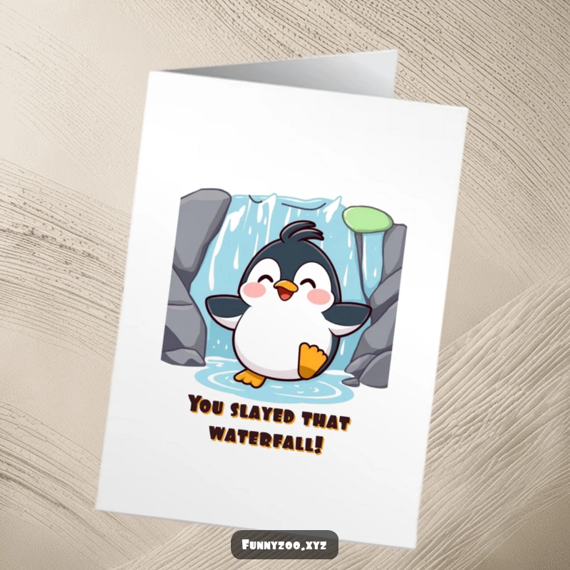 Funny Free Printable Congrats Card: Surprised penguin laughing as it slides down a waterfall, celebrating an achievement.