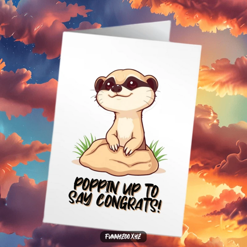 Funny Free Printable Congratulations Card: Curious meerkat character popping its head up from a burrow to celebrate.