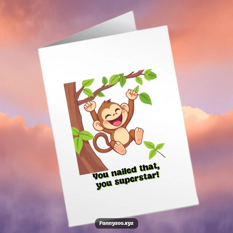 Funny Free Printable Congrats Card: A laughing monkey swinging from a vine with glee, celebrating achievement.