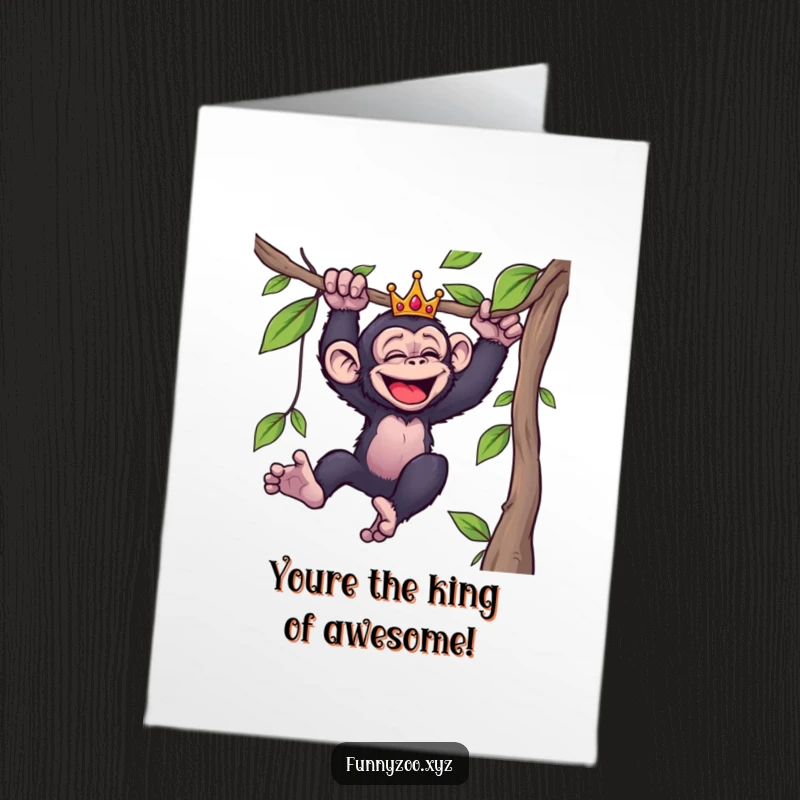 Funny Free Printable Congratulations Card: Giggling chimpanzee wearing a crown, celebrating success by swinging wildly from a vine.