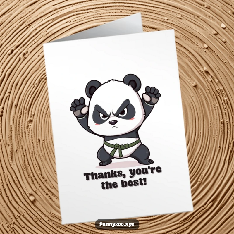 Funny Free Printable Thank You Card: A determined panda striking a martial arts pose offers thanks with impressive style.
