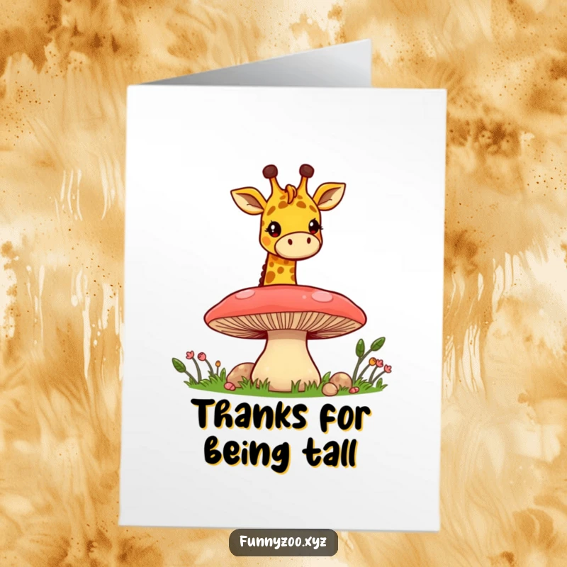 Funny Free Printable Thank You Card: Cheerful giraffe peeking over a mushroom, offering heartfelt thanks.