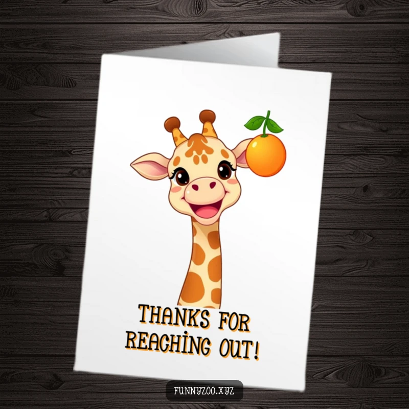 Funny Free Printable Thank You Card: Cheerful giraffe with a wide grin reaching for a dangling fruit, symbolizing reaching out in thanks.