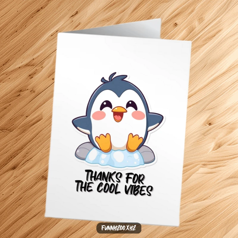 Funny Free Printable thank you card: A surprised penguin with slick feathers laughing as it slides down a waterfall.