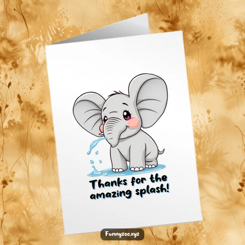 Funny Free Printable Thank You Card: Surprised elephant with oversized ears playfully spraying water, expressing heartfelt thanks.