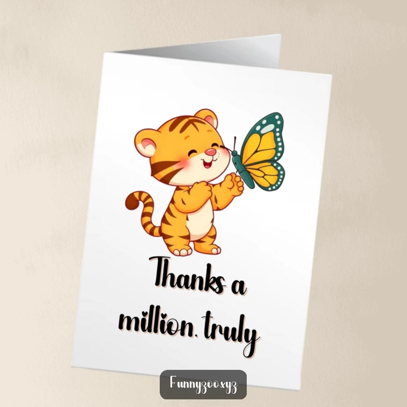 Funny Free Printable Thank You Card: Tiger Character Batting at a Large Dangling Butterfly