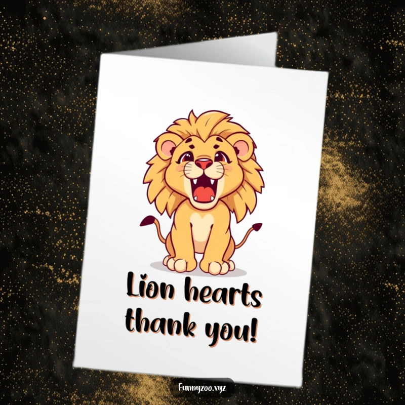 Funny Free Printable Thank You Card featuring a determined lion cub cub practicing its majestic roar, expressing gratitude with might.