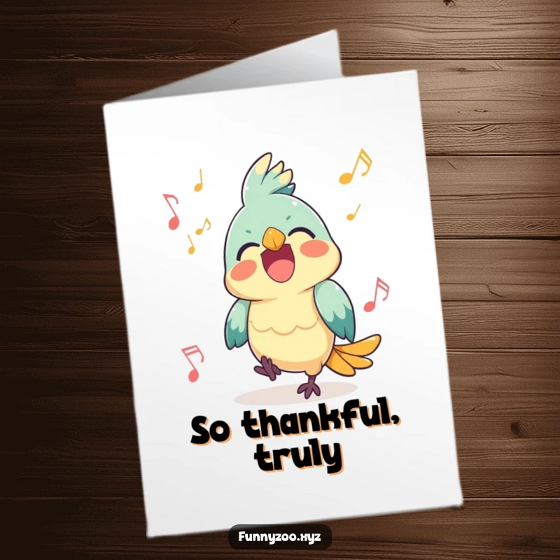 Funny Free Printable Thank You Card: Happy Parrot Character Squawking Joyfully with Musical Notes