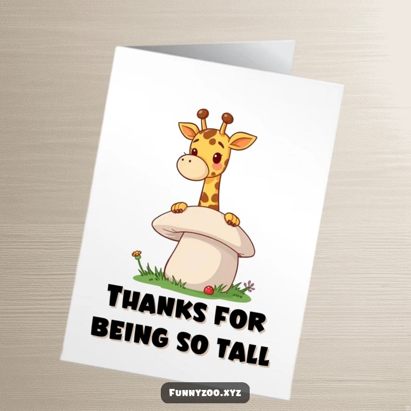 Funny Free Printable thank you card: A cheerful giraffe with a long neck playfully peeking over a giant mushroom.