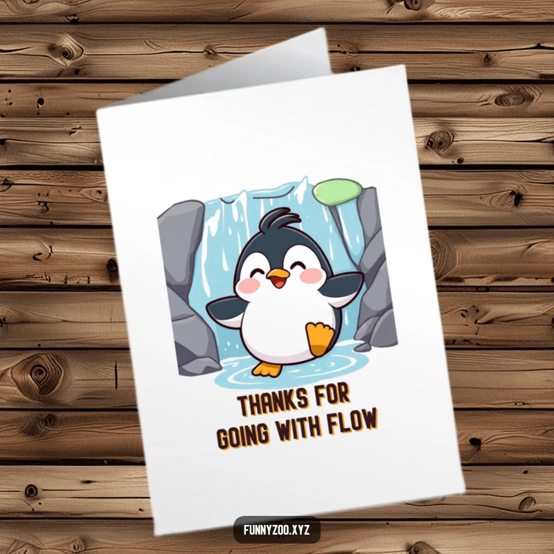 Funny Free Printable Thank You Card: A happy, surprised penguin sliding down a waterfall, offering thanks.