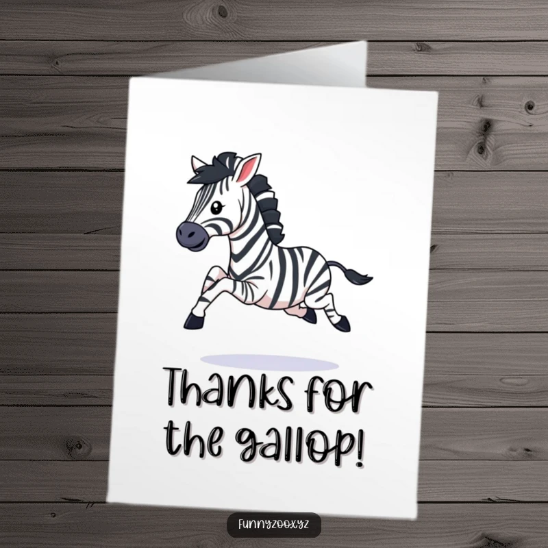 Funny free printable thank you card with a zebra galloping happily, showing vibrant gratitude with kicking legs.
