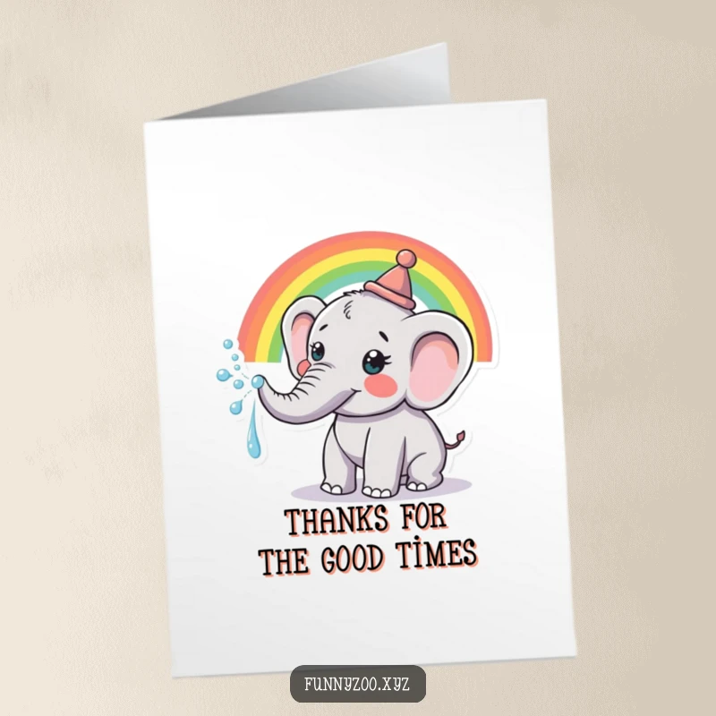 Grateful Free Printable Thank You Card: An elephant with a cute hat creates a beautiful rainbow with trunk water.