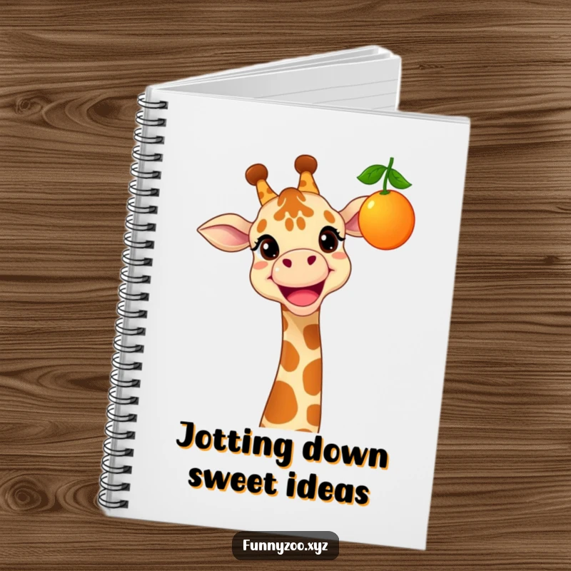 Funny notebook with a cheerful giraffe and a wide grin, reaching for a dangling, colorful fruit, inspiring creativity.