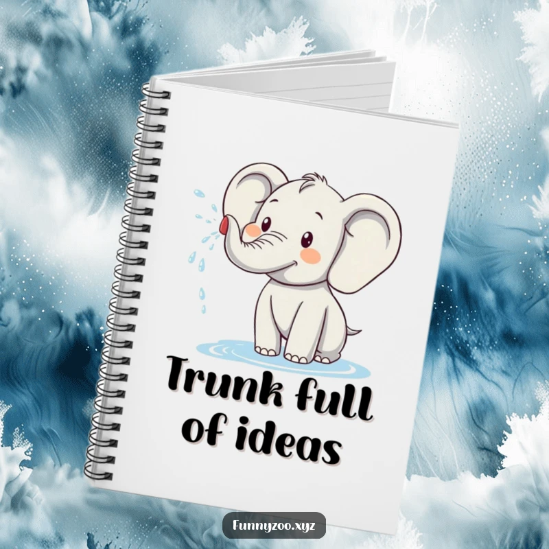 Funny elephant notebook with a cover depicting a happy elephant character spraying water, ideal for jotting down notes with a humorous touch.