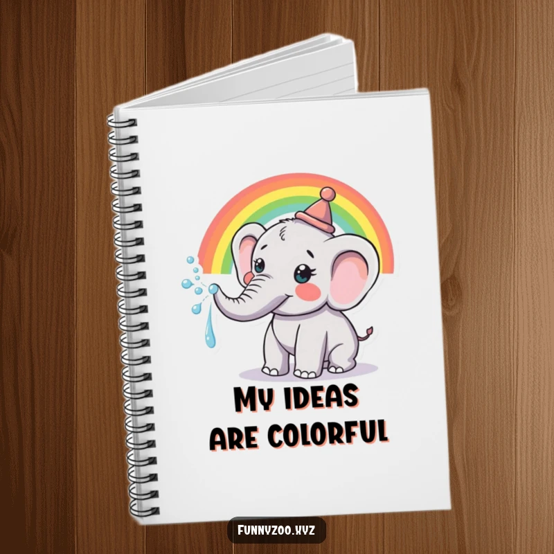Funny Notebook: Lined pages featuring a happy elephant in a hat, spraying a colorful rainbow from its trunk.