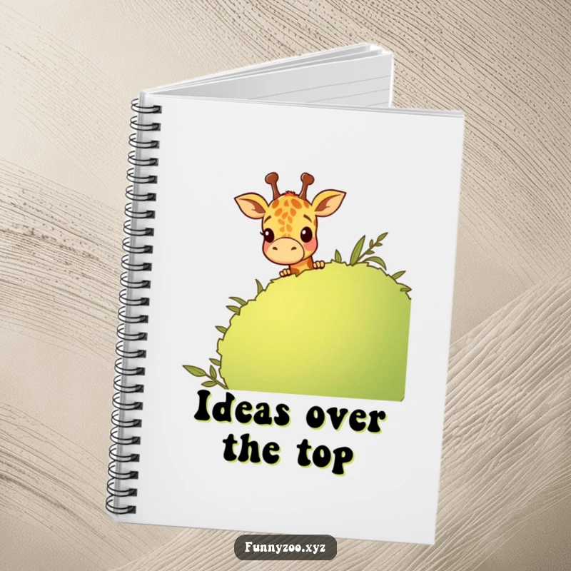 Funny giraffe peeking over a cartoon bush, a humorous and inspiring notebook for capturing creative thoughts.