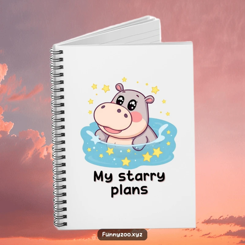 Funny hippo notebook, big eyes, giggling splash in a star-filled pool, ideal for capturing imaginative thoughts and starry ideas.