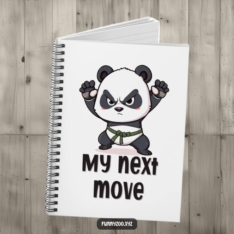 Funny panda notebook, determined squint, practicing martial arts, ideal for documenting strategies and training progress with humor.