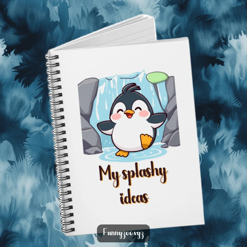 Funny Penguin Waterfall Slide Notebook: A notebook with a surprised penguin sliding down a waterfall on its cover, ideal for adventure notes.