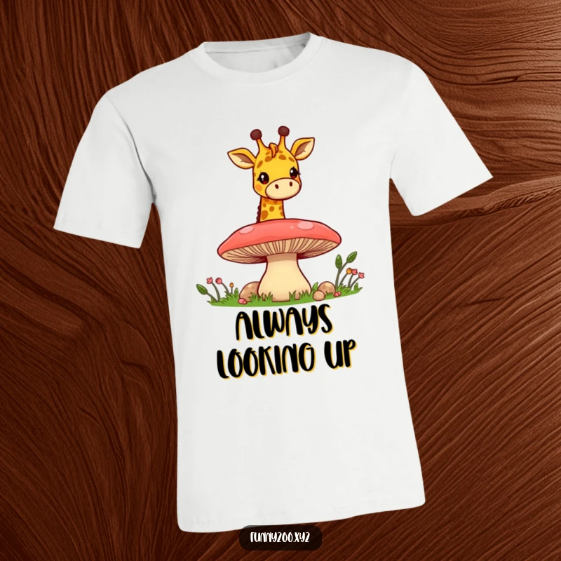 Funny Giraffe Mushroom Peek T-Shirt: A cheerful giraffe with its long neck peeking over a large mushroom, depicted on a funny tee.