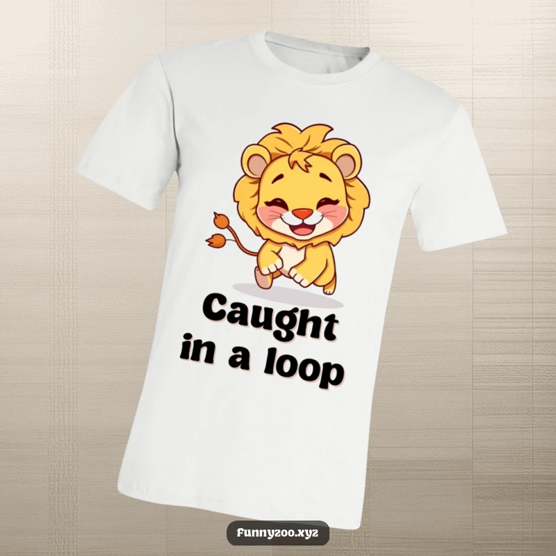 Funny Lion Chasing Tail T-Shirt: A mischievous lion with a goofy grin is depicted chasing its own tail in a funny, energetic pose.