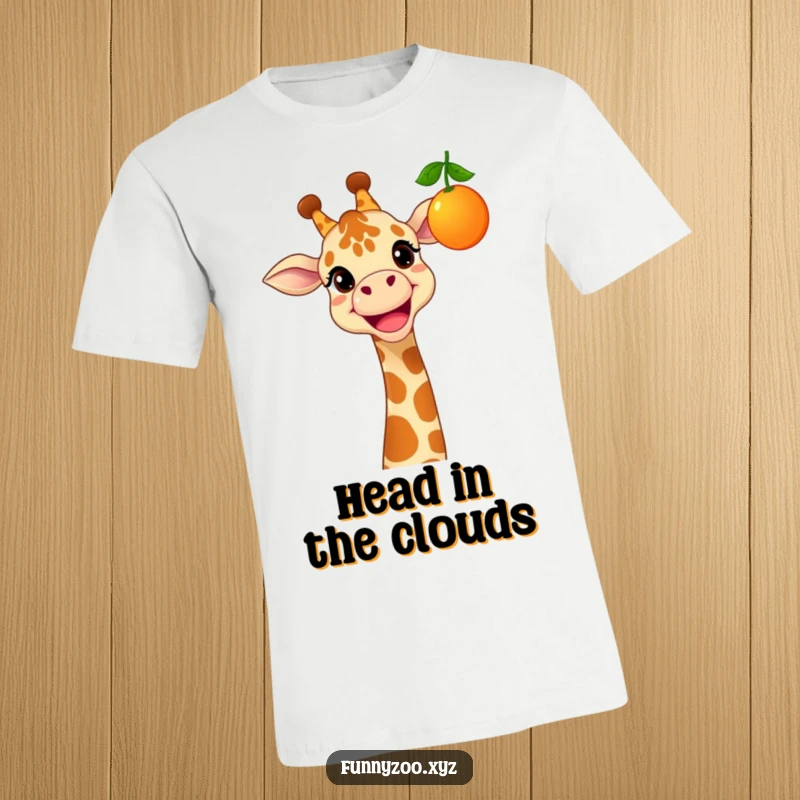 Funny t-shirt printed with a cheerful giraffe sporting a wide grin, stretching to grab a dangling, vibrant fruit.