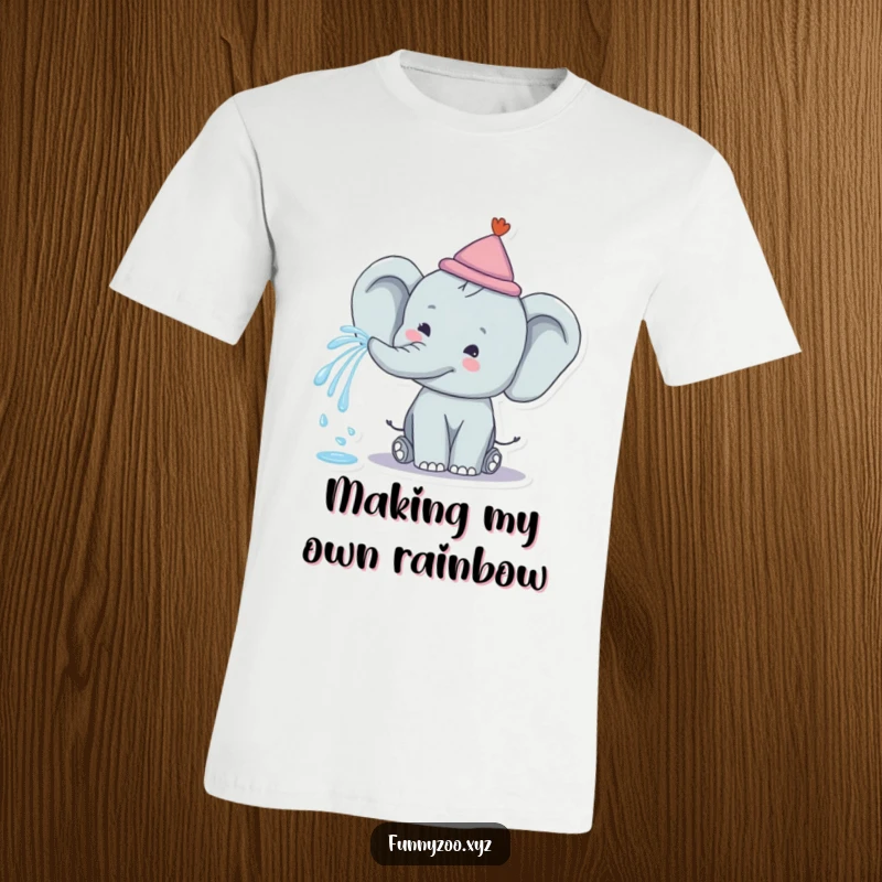Funny Elephant Rainbow Spray T-Shirt: A happy elephant with a small hat sprays water from its trunk, forming a rainbow on a fun tee.