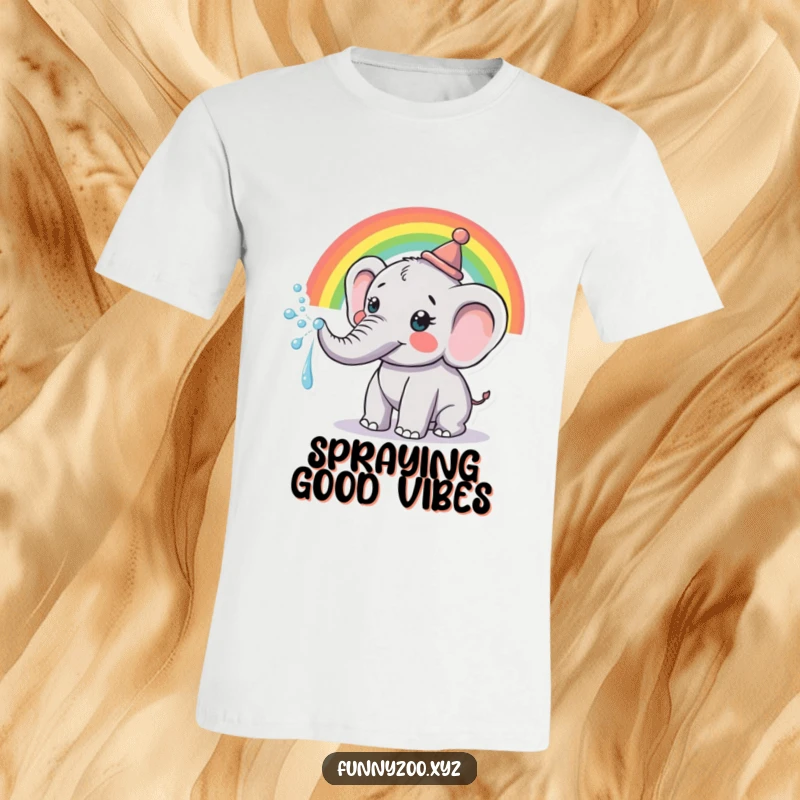 Funny T-Shirt: Cute elephant in a small hat joyfully spraying a colorful rainbow from its trunk.