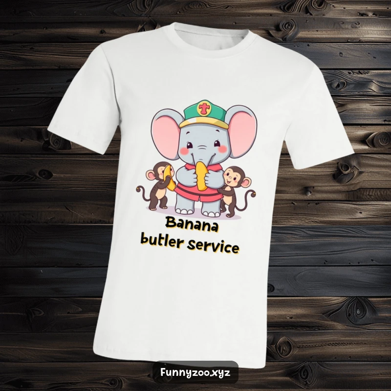 Funny T-Shirt: Amusing elephant zookeeper offering a banana to a delighted monkey, capturing a moment of zoo fun.