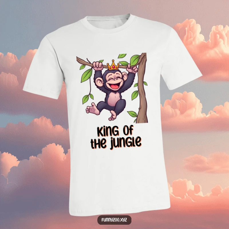 Funny t-shirt with a giggling chimpanzee wearing a small crown, dynamically swinging from a vine, capturing a moment of pure, unadulterated fun.