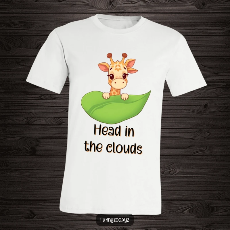 Funny Giraffe T-Shirt giggling and peeking over a giant leaf, perfect for animal lovers and a great funny gift.