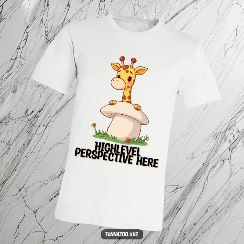 Funny Giraffe Mushroom T-Shirt a happy giraffe with its long neck leans over a large mushroom, expressing playful curiosity and a gentle demeanor.